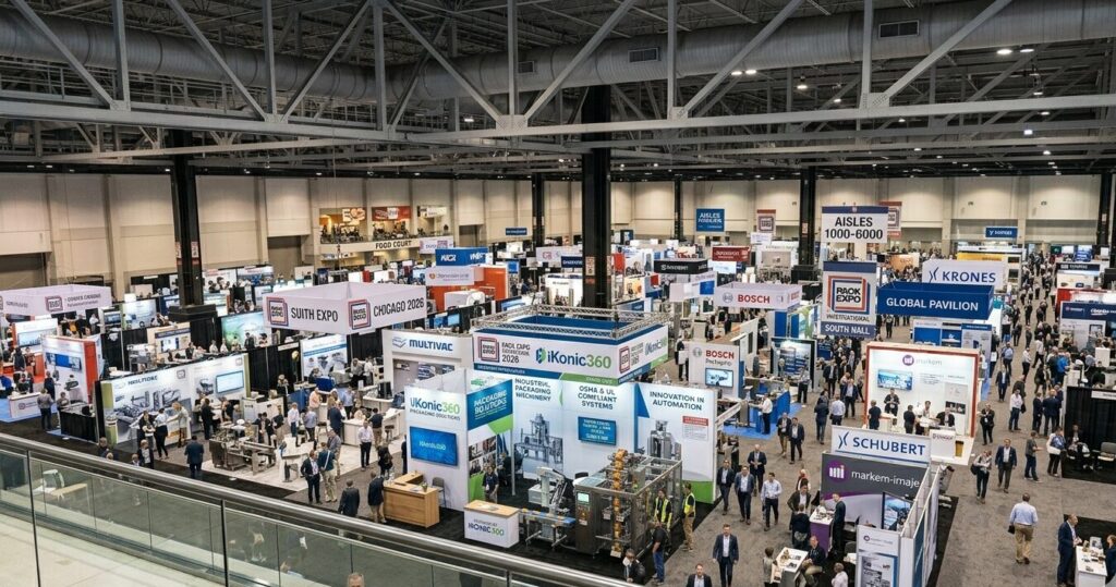 Stand en PACK EXPO International 2026 diseñado por iKonic360 en el McCormick Place de Chicago, destacando maquinaria de envasado industrial y señalética de alta visibilidad bajo normativas técnicas de USA.
