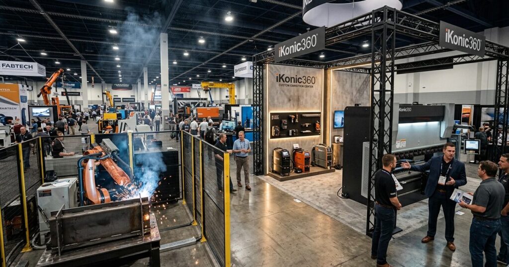 Stand en Fabtech 2026 diseñado por iKonic360 en el Las Vegas Convention Center, mostrando un área de soldadura robótica industrial de alto impacto bajo normativas EACA.