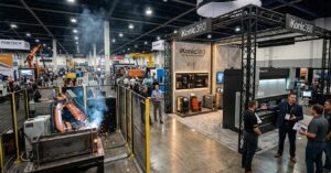 Stand en Fabtech 2026 diseñado por iKonic360 en el Las Vegas Convention Center, mostrando un área de soldadura robótica industrial de alto impacto bajo normativas EACA.