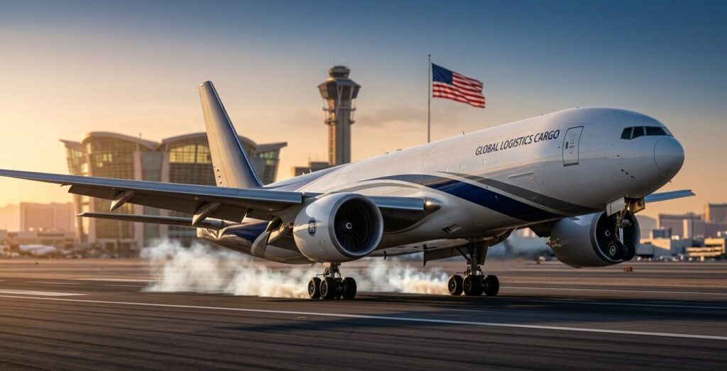 Un avión de pasajeros blanco, sin logotipos visibles, aterrizando en la pista de un aeropuerto. Los neumáticos principales acaban de tocar el suelo, creando nubes de humo. Al fondo, se ven edificios terminales, una bandera de EE. UU. ondeando y el horizonte de una ciudad con rascacielos bajo un cielo naranja al atardecer.