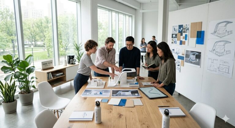 Gemini ha dicho Un equipo de diseño y montaje de stands colabora en una oficina minimalista y luminosa, rodeado de maquetas y planos arquitectónicos para un proyecto de exposición.