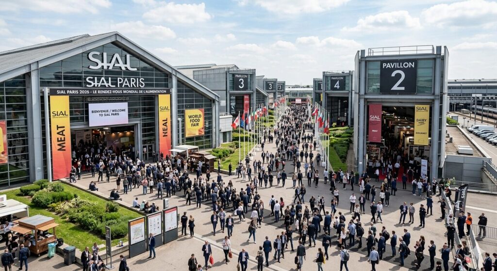 Stand en SIAL Paris 2026 diseñado por iKonic360, mostrando una zona de exposición para productos cárnicos y maquinaria agroindustrial con acabados premium en el recinto de Villepinte.