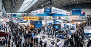 Vista panorámica en alta resolución de la feria comercial Automechanika Frankfurt 2024 en el recinto ferial Messe Frankfurt, Alemania. La imagen muestra el concurrido pabellón de Recambios y Componentes (Parts & Components) lleno de profesionales de la industria automotriz y expositores internacionales. Se distinguen stands destacados de marcas líderes como Bosch, Continental, Mahle, Mann+Hummel, ZF, Hella y Liqui Moly. En primer plano, se aprecian exhibiciones detalladas de tecnología avanzada, incluyendo un chasis de coche híbrido y componentes del motor, con miles de asistentes explorando las innovaciones del sector secundario de la automoción. Esta imagen sirve como referencia visual de lo que se puede esperar de un Stand en Automechanika 2026.